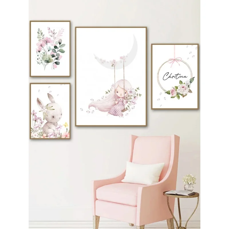 Resin Art Flowers - Nordische Cartoon-Ästhetik Wandkunst Rosa Mädchen Kaninchen