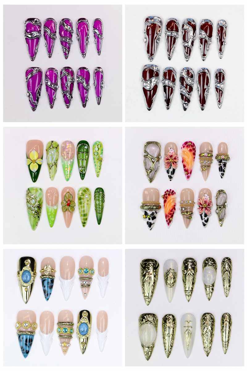 Resin Art Flowers - 10 Stück Lange Stiletto Aufklebenägel Glänzend