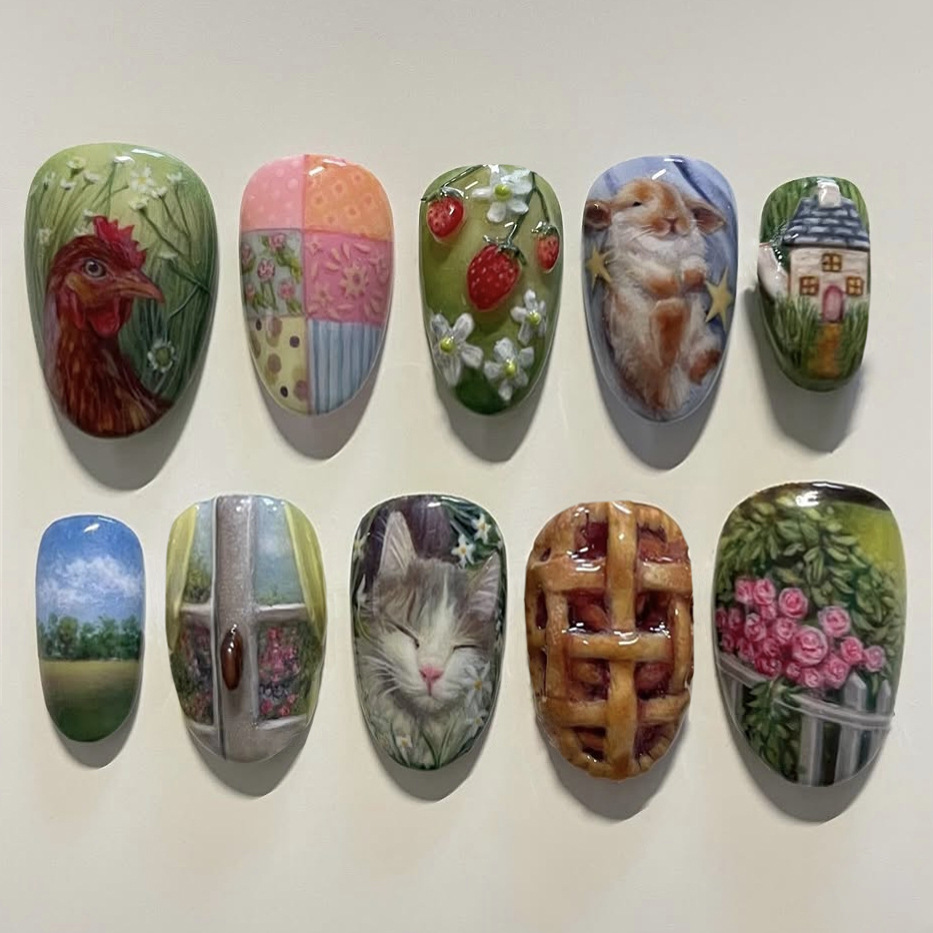 Resin Art Flowers - 24 Stück pastoraler Stil, Mandel-Press-on-Nägel, süße