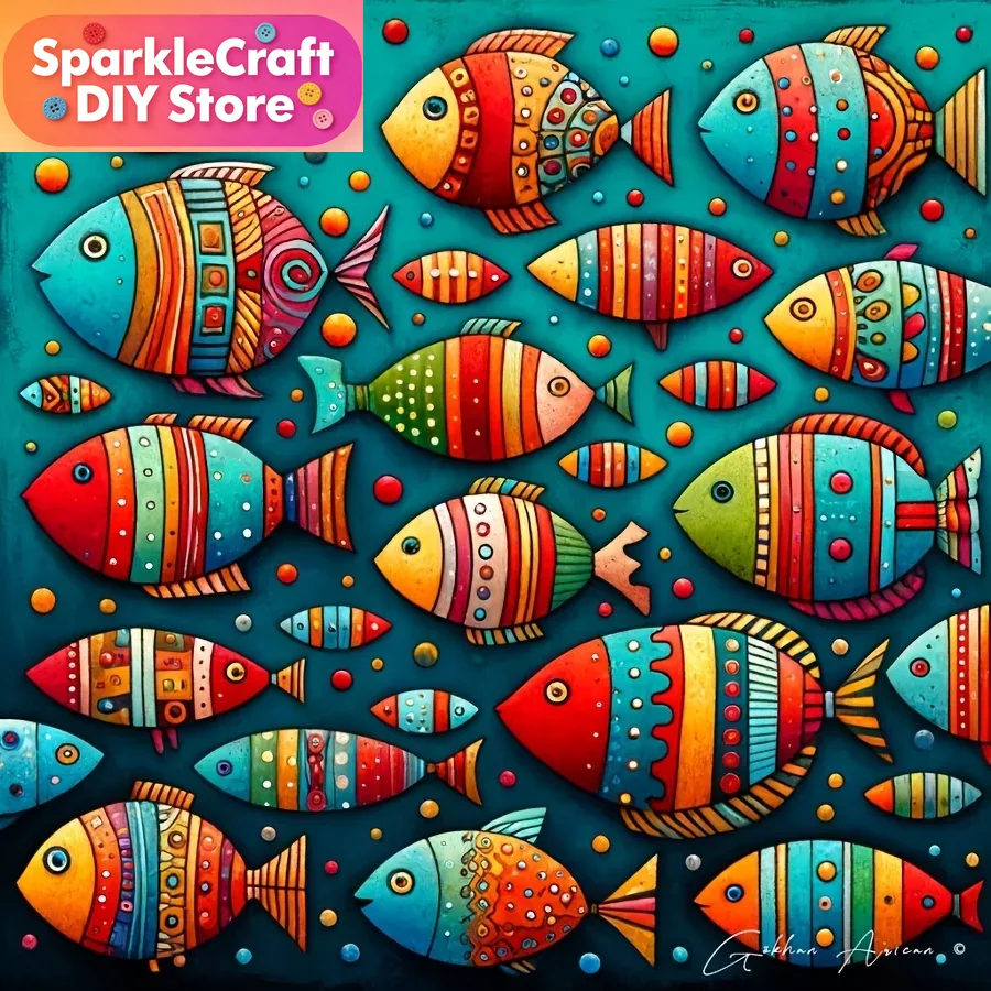 Resin Art Wall Decor - Farbenfrohe, Verspielte Fischschwarm 5D Diamant-Malerei Set